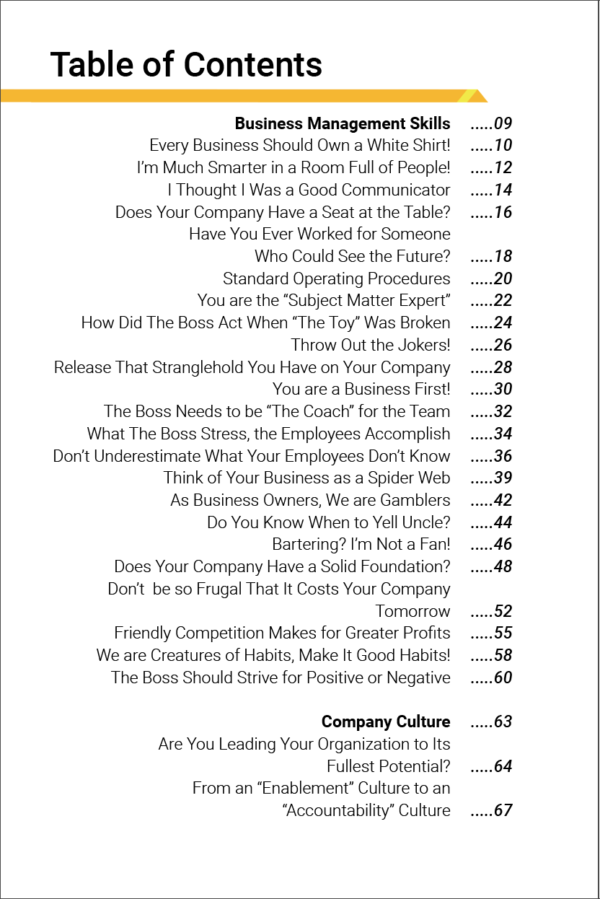 Lessons in Business Table of Contents